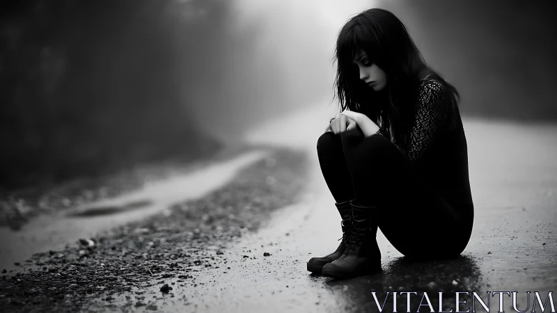 Rain-soaked loner curls into silence on an empty road.