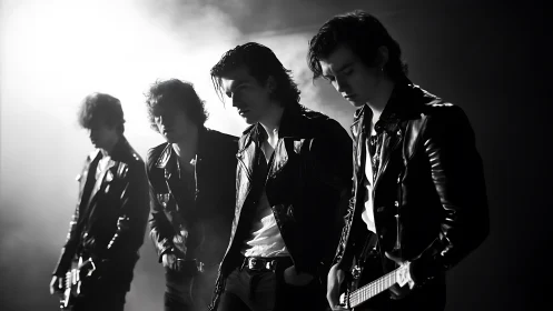 Four musicians stand in staged studio lighting wearing leather jackets