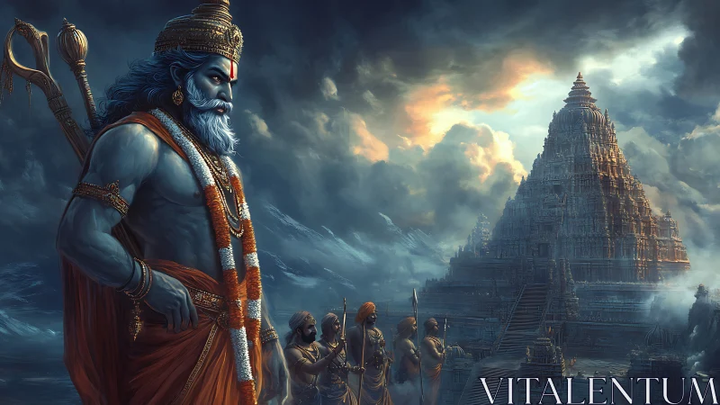 Storm-wreathed temple guard and towering blue deity sentinel.