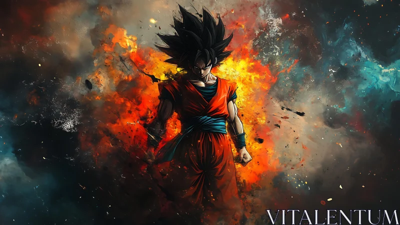 Dynamic anime warrior amid explosive chromatic energy field.