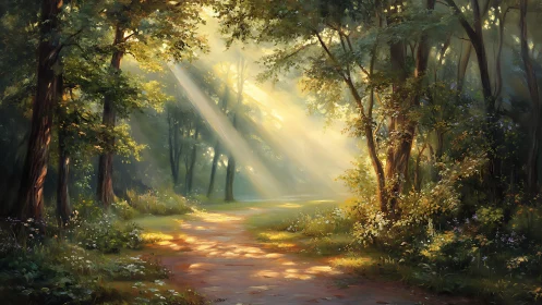 Sunlit Forest Path Through Dense Woodland