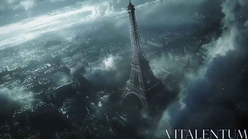 Storm-lit Eiffel spire adrift in brooding Parisian clouds.
