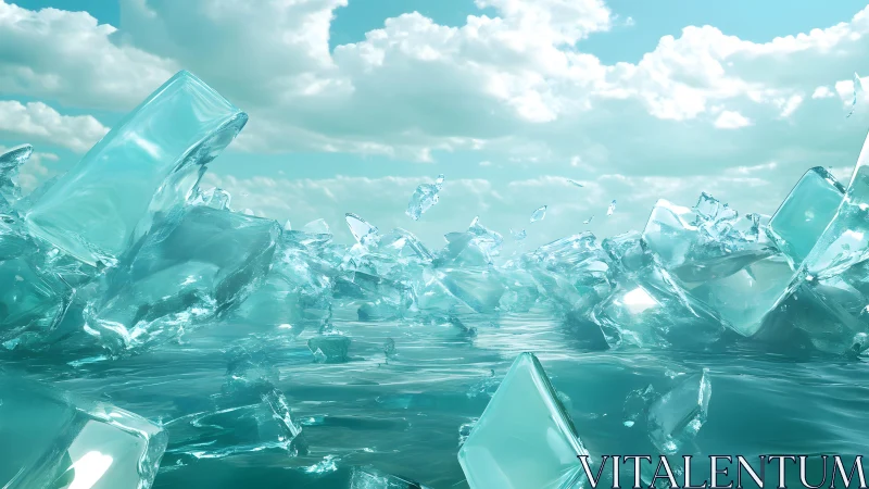 Surreal Floating Ice Cubes on Water Under Bright Cloudy Sky. Surreal Floating Ice Cubes on Water Under Bright Cloudy Sky.