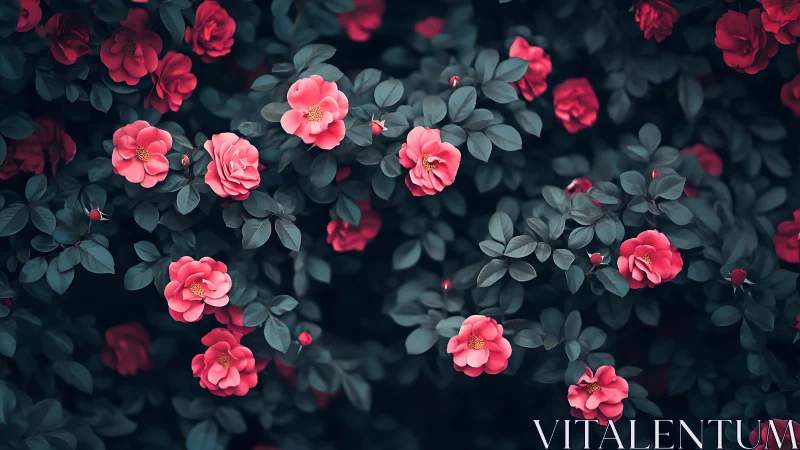 Pink roses with dark foliage in garden setting.