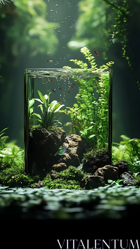 Quiet forest aquarium glowing with tiny drifting fish.