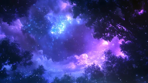 Starlit forest window into a glowing violet cosmos.