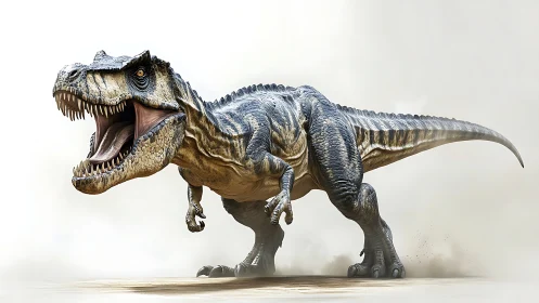 Roaring Tyrannosaurus rex charging across dusty plain.