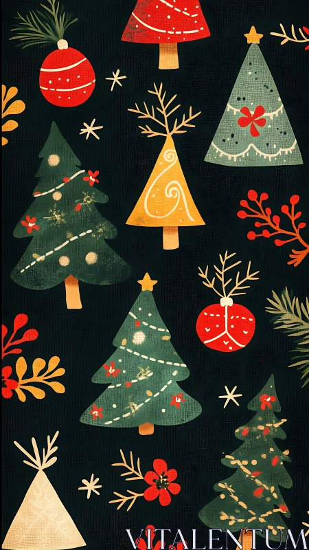 Whimsical stylized Christmas trees with bold festive ornaments.