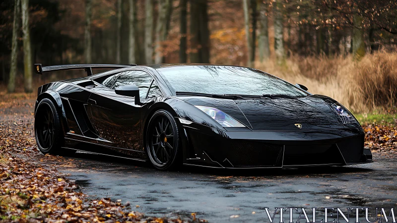 Midnight black supercar rests on a quiet autumn forest road