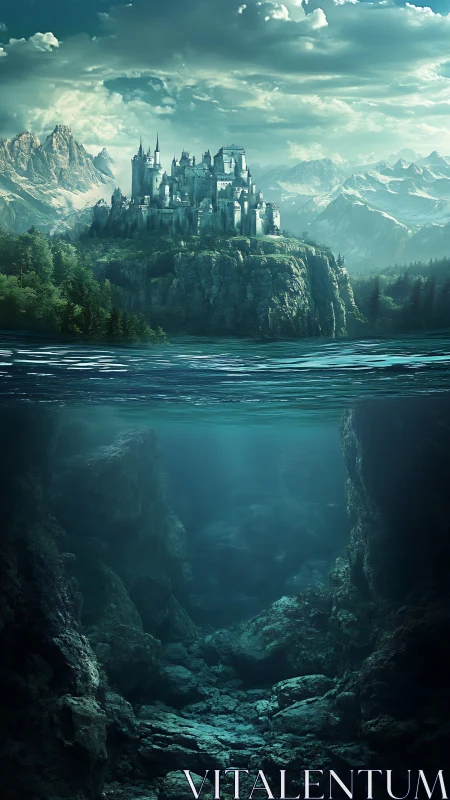 Majestic Fantasy Castle Positioned Upon Rocky Cliff Above Submerged Cavern Depths