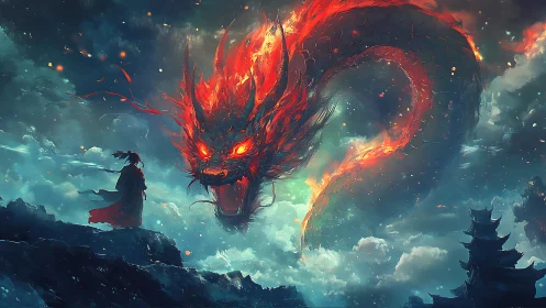 Fiery spectral dragon confronts lone robed figure amid storm clouds