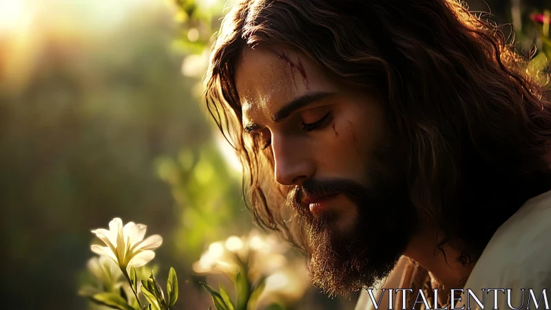 Contemplative robed man in golden backlit garden portrait.