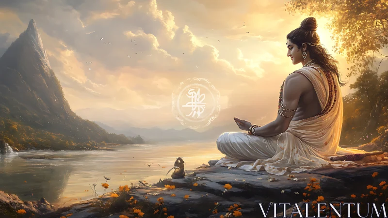 Serene sage in sunset meditation by sacred mountain lake.