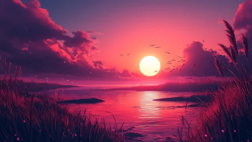 Sunset writes neon poetry across the quiet coastal marsh