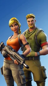 Battle buddies in bright sky swagger, locked and loaded.