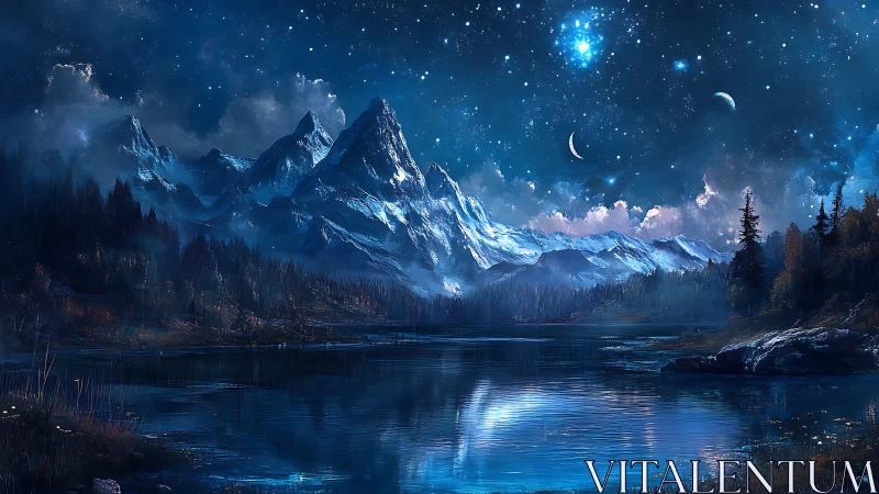 Fantasy night mountains over reflective starlit lake scene.