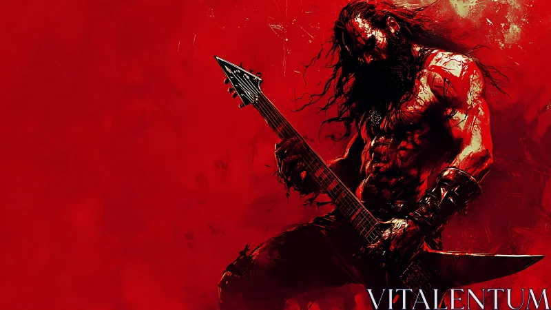 Fierce metal guitarist shredding against a blazing red sky.