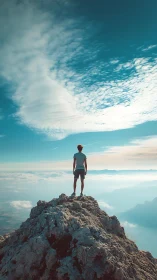 Skyline dreamer stands above the clouds on a lone summit.