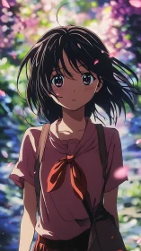 Sunlit petals pause around a wide eyed anime wanderer