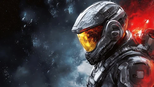 Armored space soldier with burning red thruster backdrop.