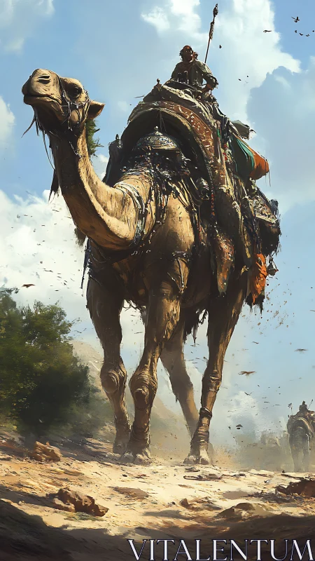 Nomad rider atop armored camel under stormy desert sky.