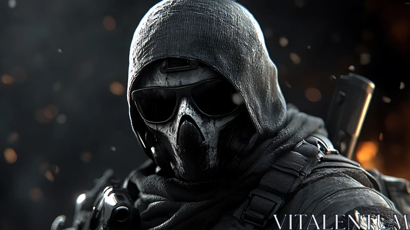 Midnight ghost operative waits in ember speckled silence