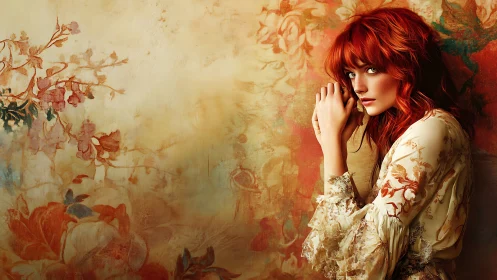 Flame haired muse leaning into a whispering floral wall.