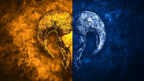 Bipolar fiery‑cold ram skull in chromatic dual symmetry.