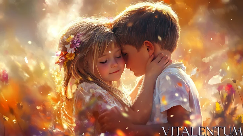 Two Children in Glowing Flower Field