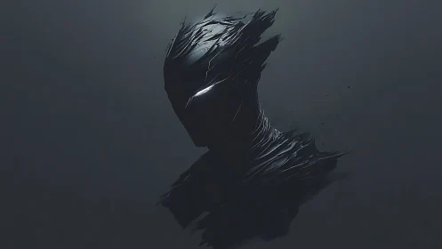 Shattered obsidian cyber-silhouette with luminescent eye core.