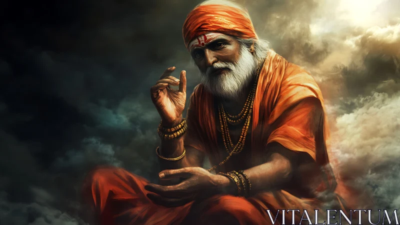 Mystic elder guru in orange robes within dramatic storm clouds