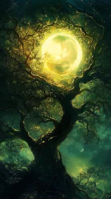 Enchanted forest tree cradles a radiant celestial moon orb.