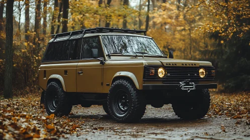 Autumn forest trail crowns a rugged classic off road rover