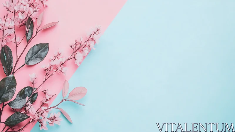 Pastel cherry blossom branch contrasts against diagonal split ground