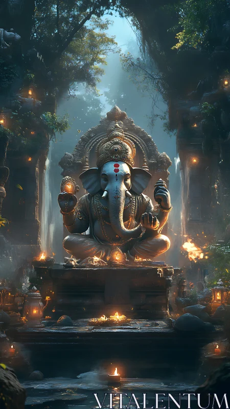 Digital painting of luminous Ganesha shrine in jungle courtyard.
