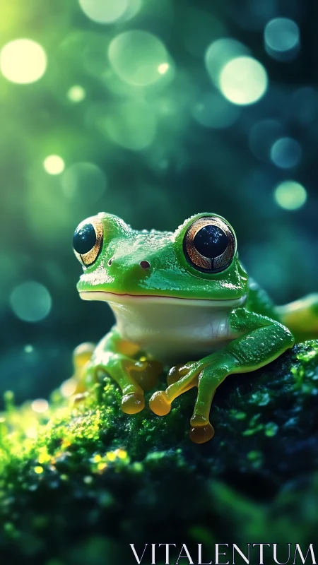 Emerald tree frog under dreamy forest bokeh lightscape.