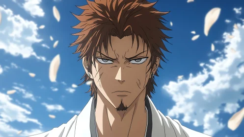 Determined anime warrior stands beneath drifting sky petals