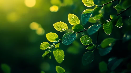 Fresh green leaves with dew in soft morning sunlight, nature close-up.