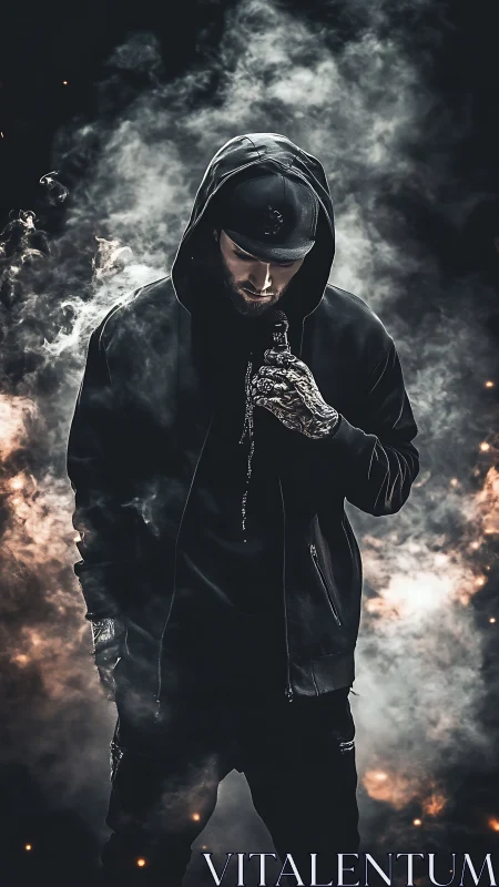 Hooded streetwear figure stands in dramatic swirling smoke