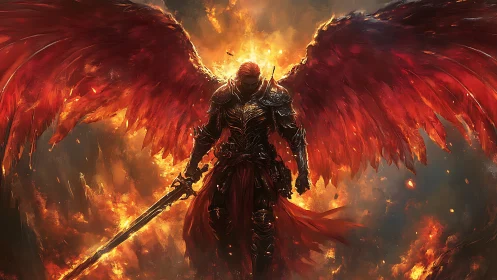 Armored winged figure stands before concentrated firestorm