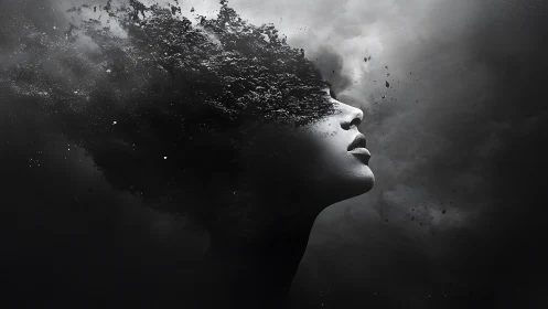 Profile of dissolving face emerging from dark clouds.