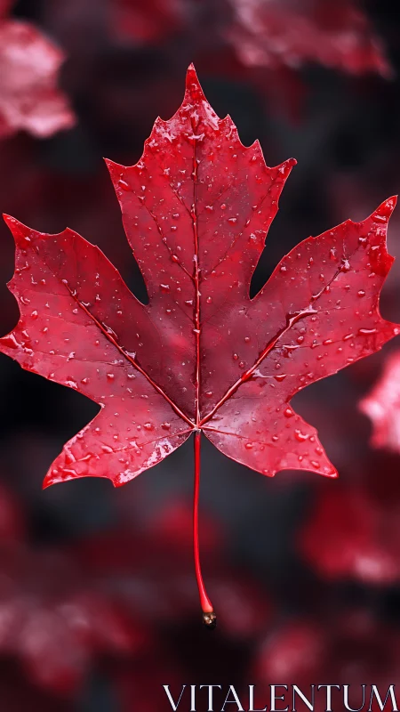 Red maple leaf with water droplets on blurred background.