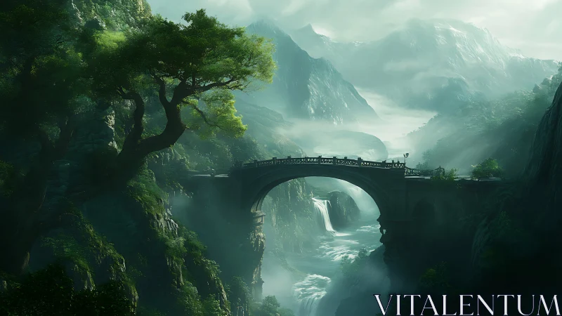 Misted alpine gorge with stone arch bridge and waterfalls.