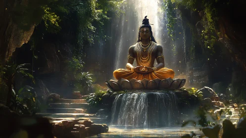 Serene lotus meditation statue resting in a forest sanctuary.