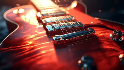 Molten cherry electric guitar basking in sunset glow.