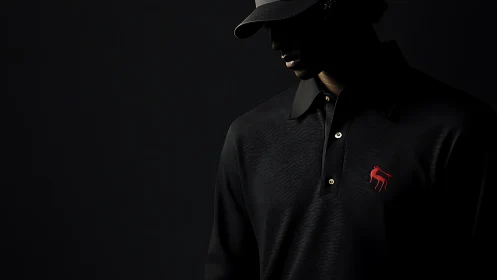 Minimalist Portrait: Black Polo with Red Logo Emblem Study.