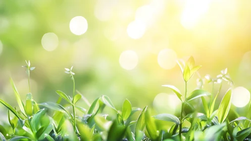 Young green seedlings grow against defocused bright background
