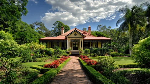 Sunlit villa nestles in lush formal gardens under bright skies.
