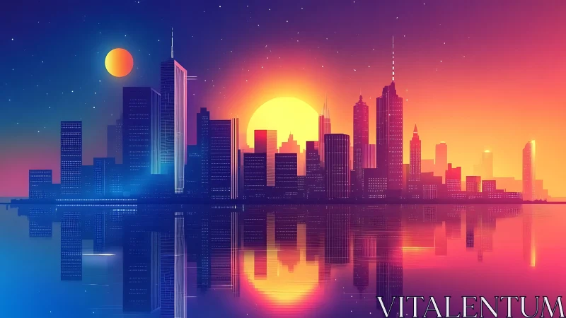 Neon gradient skyline renders dual-sun city at mirrored dusk