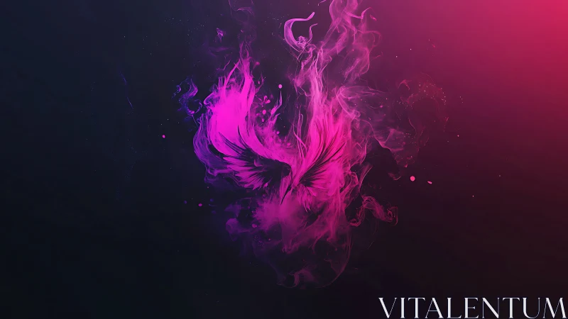 Phoenix-shaped magenta smoke rising in neon darkness.